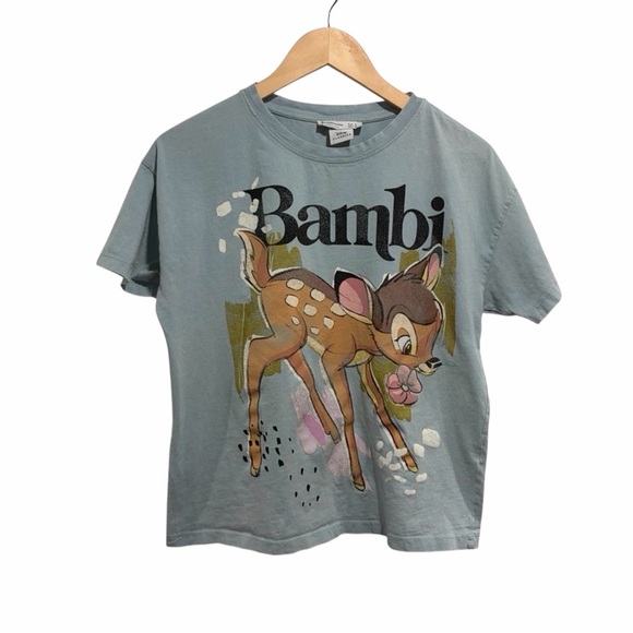 Stradavarius Tops - Disney Bambi Women’s T-Shirt Short Sleeve Crew Neck Light Blue Deer Small